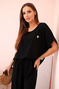 Women's viscose set with decorative flower and wide trousers ART0109 / – Black цвет / color | Lexline Fashion