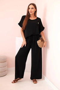 Women's viscose set with decorative flower and wide trousers ART0109 / – Black цвет / color | Lexline Fashion