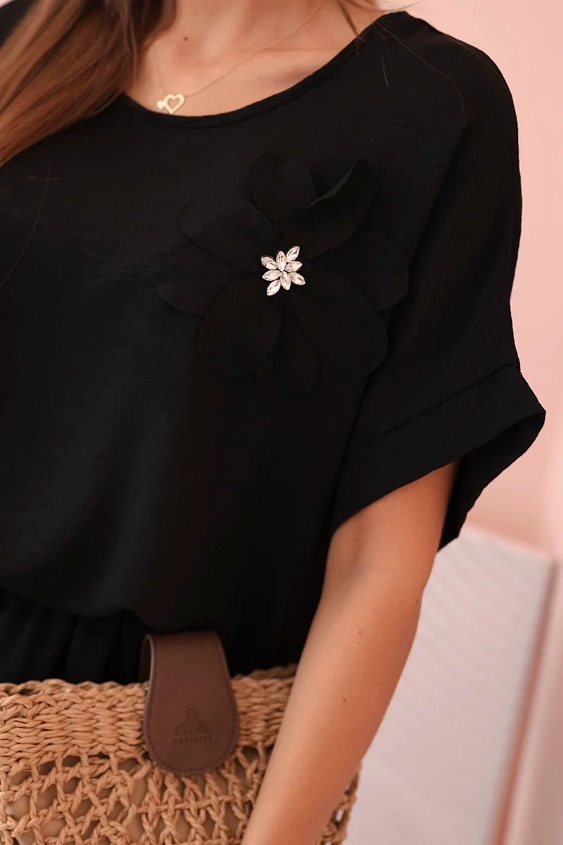 Women's viscose set with decorative flower and wide trousers ART0109 / – Black цвет / color | Lexline Fashion