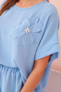 Women's viscose set with decorative flower and wide trousers ART0109 / – Blue цвет / color | Lexline Fashion