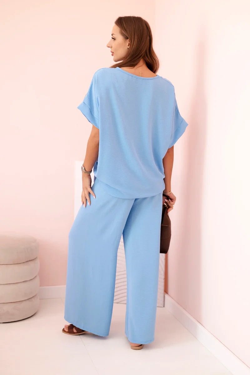Women's viscose set with decorative flower and wide trousers ART0109 / – Blue цвет / color | Lexline Fashion