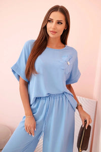Women's viscose set with decorative flower and wide trousers ART0109 / – Blue цвет / color | Lexline Fashion