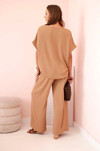 Women's viscose set with decorative flower and wide trousers ART0109 / – Camel цвет / color | Lexline Fashion