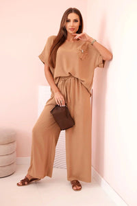 Women's viscose set with decorative flower and wide trousers ART0109 / – Camel цвет / color | Lexline Fashion