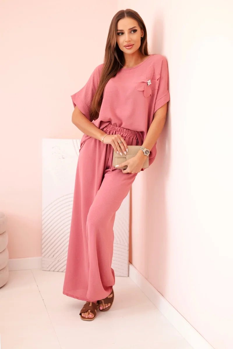 Women's viscose set with decorative flower and wide trousers ART0109 / – Dark | Pink цвет / color | Lexline Fashion