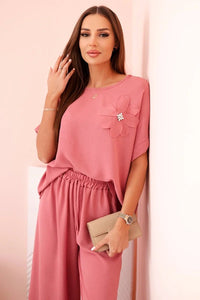 Women's viscose set with decorative flower and wide trousers ART0109 / – Dark | Pink цвет / color | Lexline Fashion
