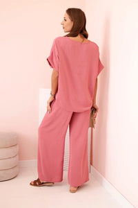 Women's viscose set with decorative flower and wide trousers ART0109 / – Dark | Pink цвет / color | Lexline Fashion