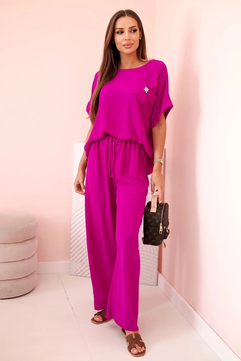 Women's viscose set with decorative flower and wide trousers ART0109 / – Dark || purple цвет / color | Lexline Fashion