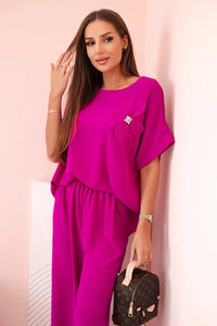 Women's viscose set with decorative flower and wide trousers ART0109 / – Dark || purple цвет / color | Lexline Fashion