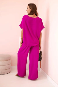 Women's viscose set with decorative flower and wide trousers ART0109 / – Dark || purple цвет / color | Lexline Fashion