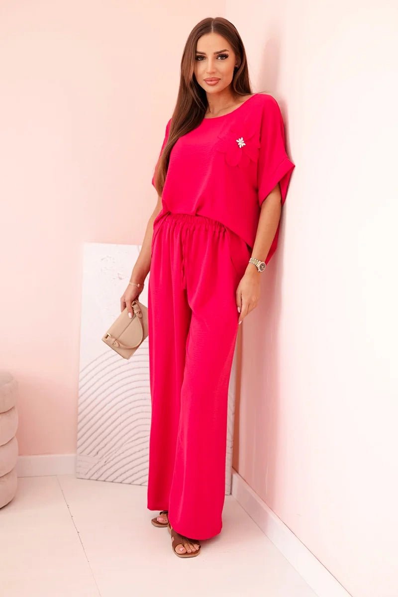 Women's viscose set with decorative flower and wide trousers ART0109 / – Fuchsia цвет / color | Lexline Fashion