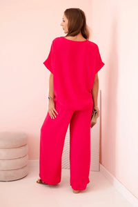 Women's viscose set with decorative flower and wide trousers ART0109 / – Fuchsia цвет / color | Lexline Fashion