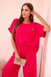 Women's viscose set with decorative flower and wide trousers ART0109 / – Fuchsia цвет / color | Lexline Fashion