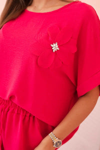 Women's viscose set with decorative flower and wide trousers ART0109 / – Fuchsia цвет / color | Lexline Fashion