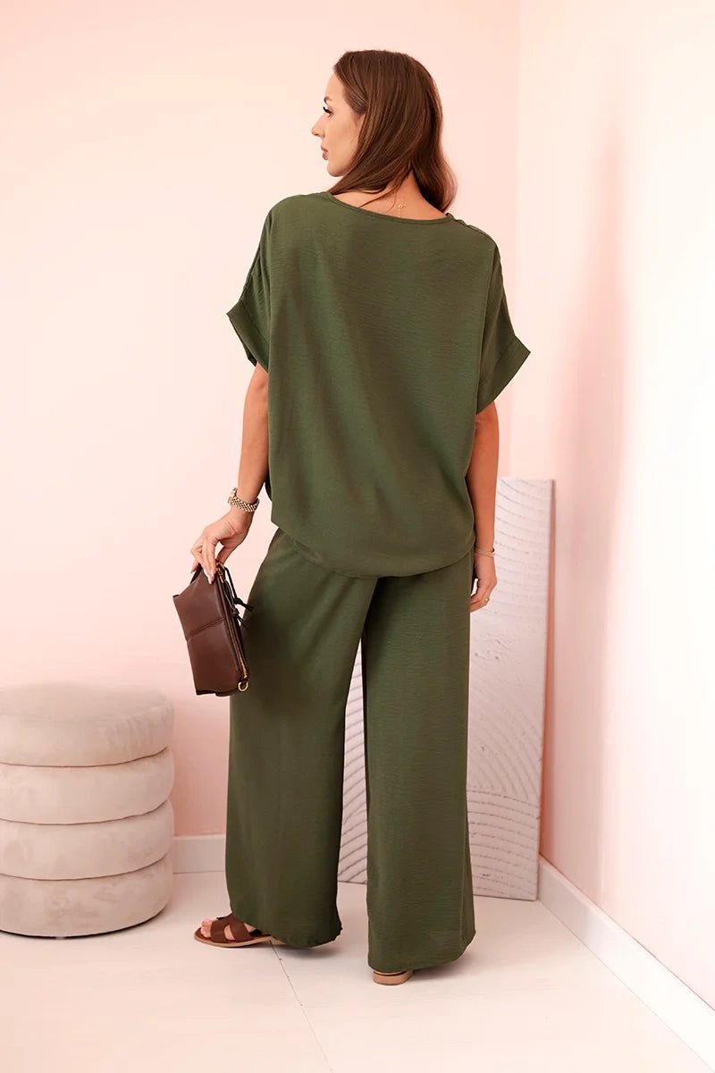 Women's viscose set with decorative flower and wide trousers ART0109 / – Khaki цвет / color | Lexline Fashion