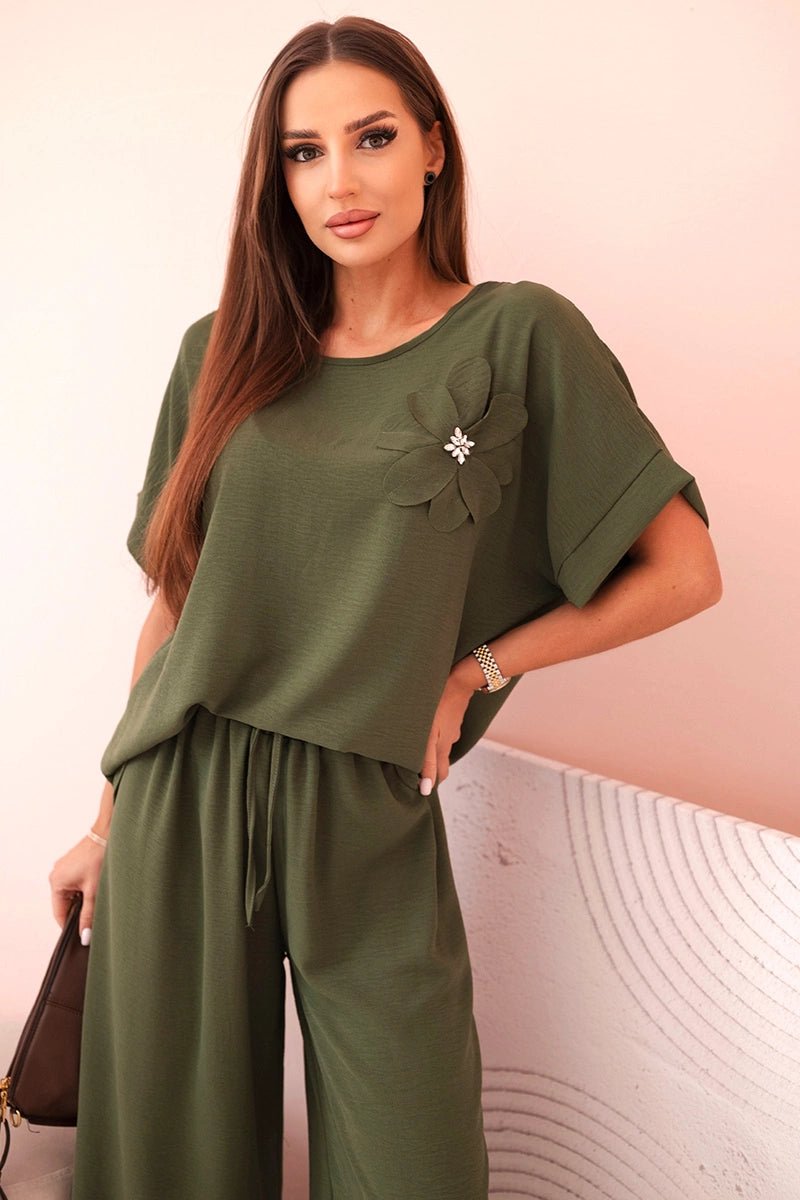 Women's viscose set with decorative flower and wide trousers ART0109 / – Khaki цвет / color | Lexline Fashion