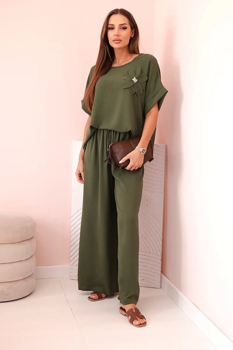 Women's viscose set with decorative flower and wide trousers ART0109 / – Khaki цвет / color | Lexline Fashion
