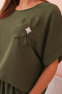 Women's viscose set with decorative flower and wide trousers ART0109 / – Khaki цвет / color | Lexline Fashion