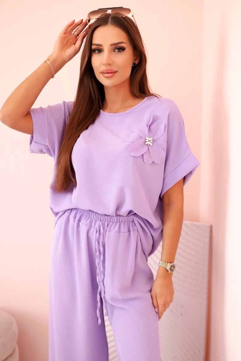 Women's viscose set with decorative flower and wide trousers ART0109 / – Light || Purple цвет / color | Lexline Fashion