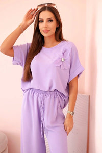 Women's viscose set with decorative flower and wide trousers ART0109 / – Light || Purple цвет / color | Lexline Fashion