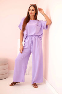 Women's viscose set with decorative flower and wide trousers ART0109 / – Light || Purple цвет / color | Lexline Fashion