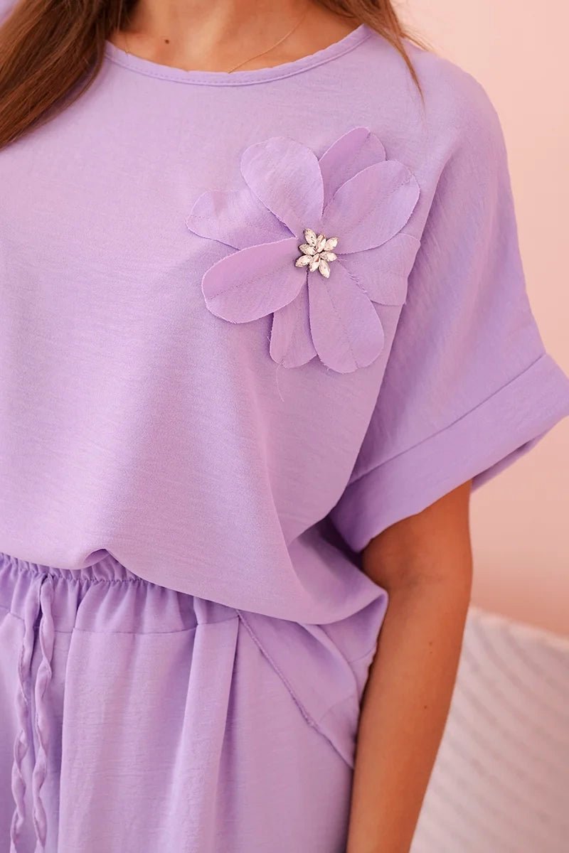 Women's viscose set with decorative flower and wide trousers ART0109 / – Light || Purple цвет / color | Lexline Fashion