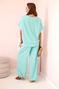 Women's viscose set with decorative flower and wide trousers ART0109 / – Mint цвет / color | Lexline Fashion