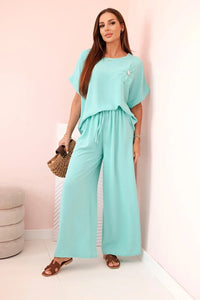 Women's viscose set with decorative flower and wide trousers ART0109 / – Mint цвет / color | Lexline Fashion