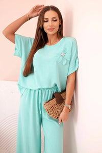 Women's viscose set with decorative flower and wide trousers ART0109 / – Mint цвет / color | Lexline Fashion