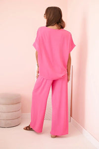 Women's viscose set with decorative flower and wide trousers ART0109 / – Pink цвет / color | Lexline Fashion