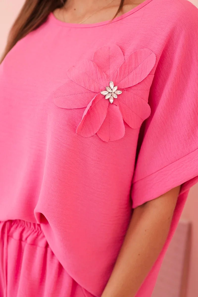 Women's viscose set with decorative flower and wide trousers ART0109 / – Pink цвет / color | Lexline Fashion
