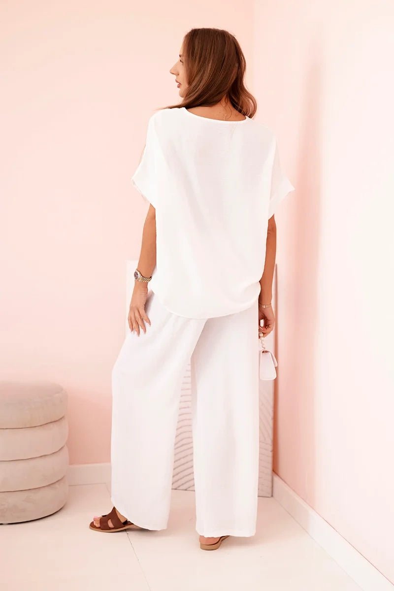 Women's viscose set with decorative flower and wide trousers ART0109 / – White цвет / color | Lexline Fashion