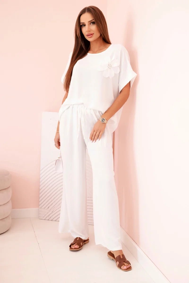 Women's viscose set with decorative flower and wide trousers ART0109 / – White цвет / color | Lexline Fashion