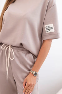 Women's viscose set with short sleeves and trousers 7396 / – Dark | Beige цвет / color | Lexline Fashion