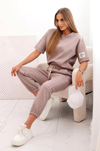 Women's viscose set with short sleeves and trousers 7396 / – Melange || Beige цвет / color | Lexline Fashion