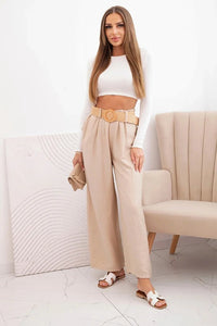 Women's viscose trousers with a decorative belt ART9806 - 3 / – Beige цвет / color | Lexline Fashion