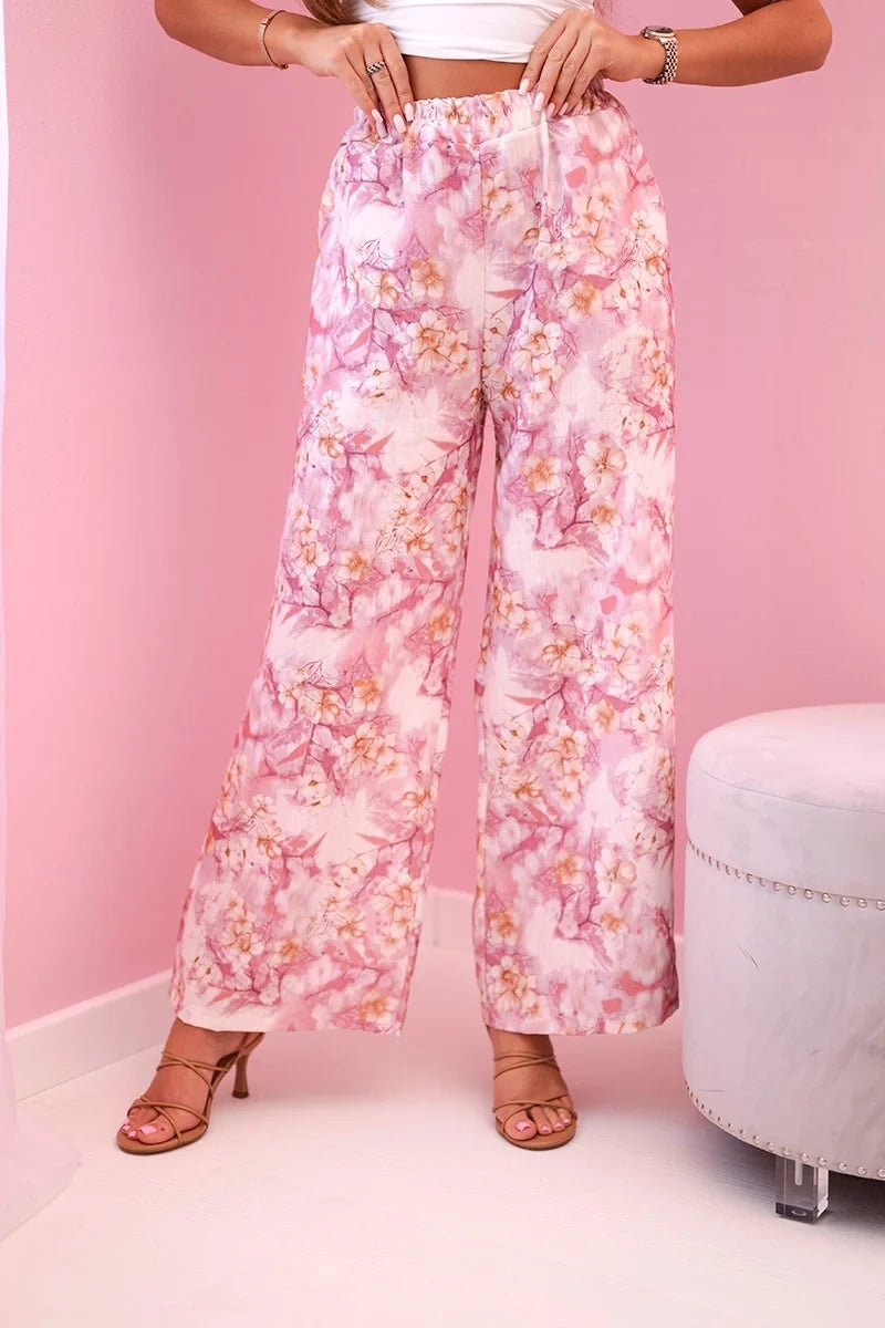 Women's wide - leg trousers with floral print 5761 / – Pink цвет / color | Lexline Fashion