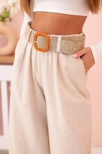 Women's wide linen trousers with a belt ART9806 - 1 / – Beige цвет / color | Lexline Fashion