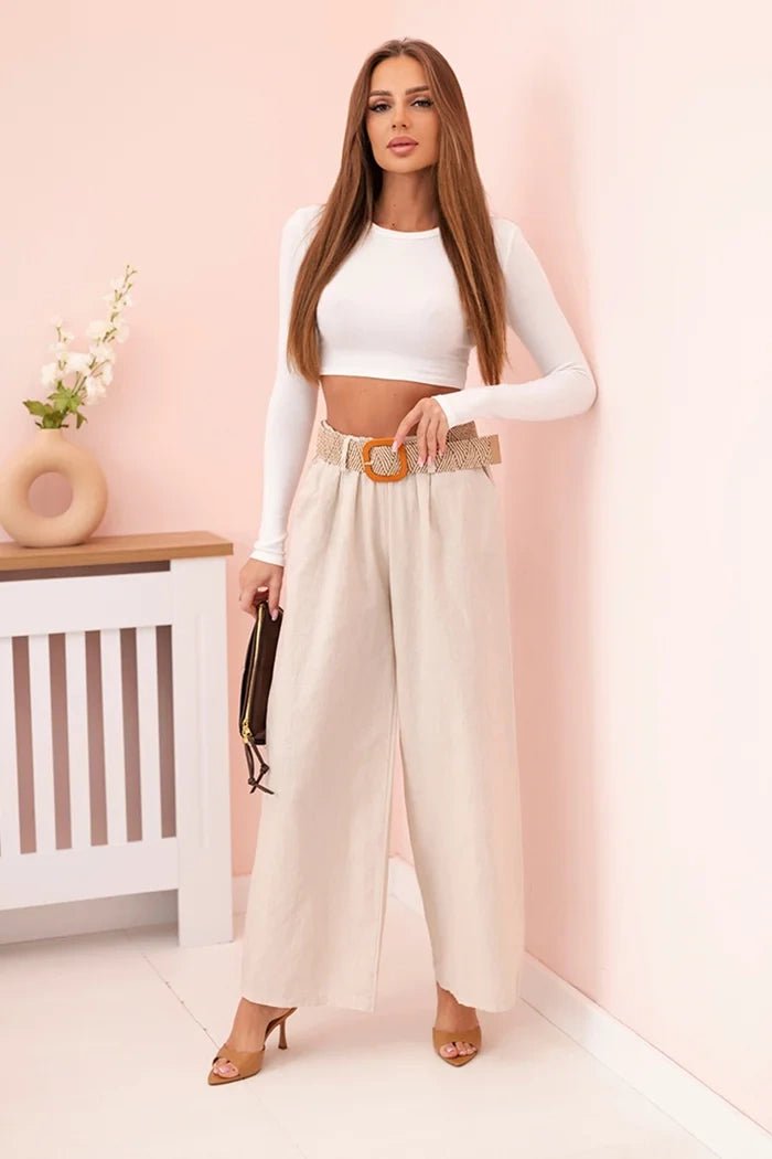 Women's wide linen trousers with a belt ART9806 - 1 / – Beige цвет / color | Lexline Fashion