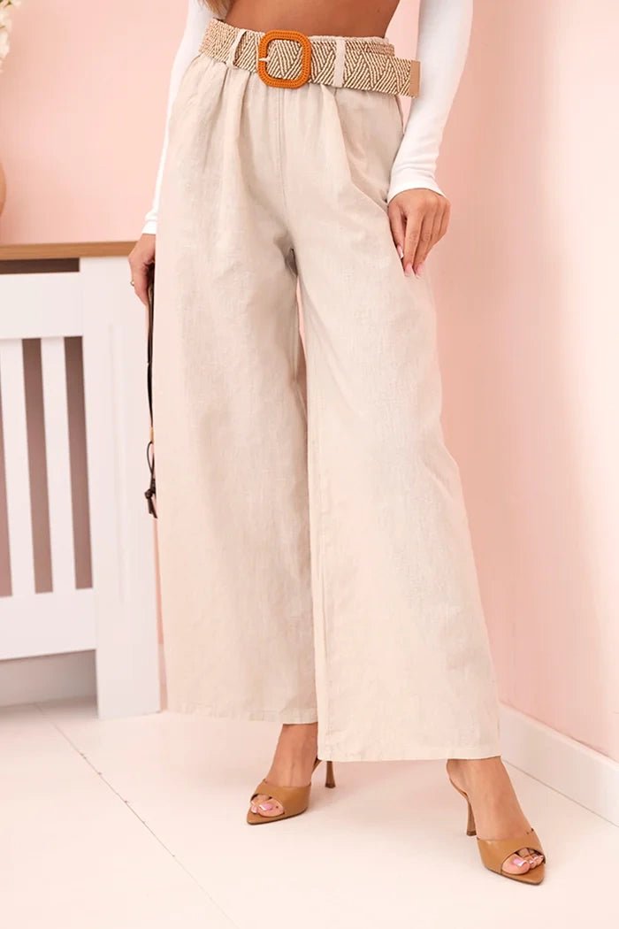 Women's wide linen trousers with a belt ART9806 - 1 / – Beige цвет / color | Lexline Fashion