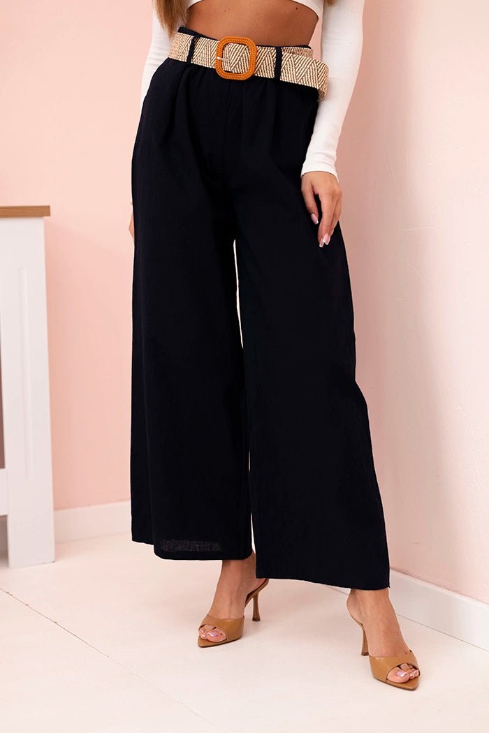 Women's wide linen trousers with a belt ART9806 - 1 / – Black цвет / color | Lexline Fashion
