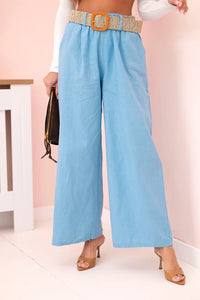 Women's wide linen trousers with a belt ART9806 - 1 / – Blue цвет / color | Lexline Fashion