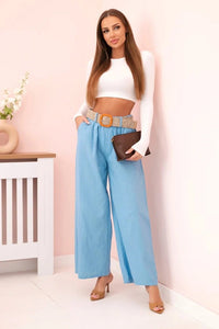 Women's wide linen trousers with a belt ART9806 - 1 / – Blue цвет / color | Lexline Fashion
