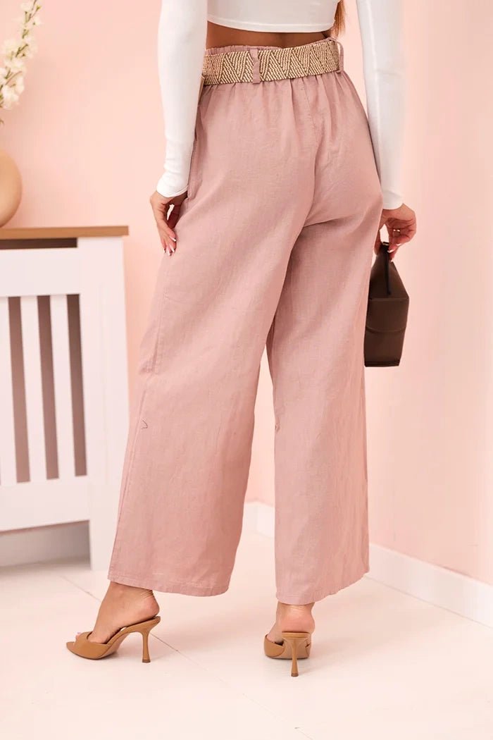 Women's wide linen trousers with a belt ART9806 - 1 / – Dark Pink цвет / color | Lexline Fashion