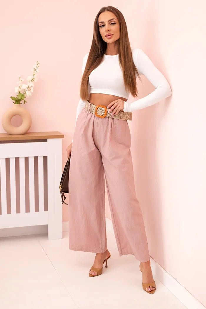 Women's wide linen trousers with a belt ART9806 - 1 / – Dark Pink цвет / color | Lexline Fashion