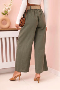 Women's wide linen trousers with a belt ART9806 - 1 / – Khaki цвет / color | Lexline Fashion