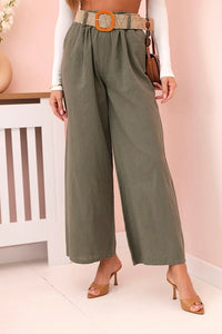 Women's wide linen trousers with a belt ART9806 - 1 / – Khaki цвет / color | Lexline Fashion