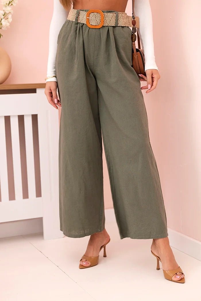 Women's wide linen trousers with a belt ART9806 - 1 / – Khaki цвет / color | Lexline Fashion