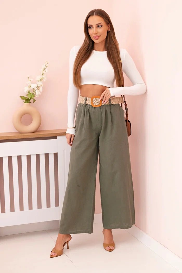 Women's wide linen trousers with a belt ART9806 - 1 / – Khaki цвет / color | Lexline Fashion