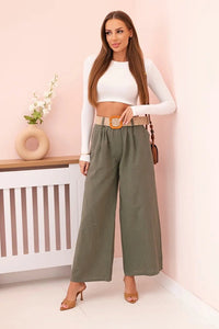 Women's wide linen trousers with a belt ART9806 - 1 / – Khaki цвет / color | Lexline Fashion